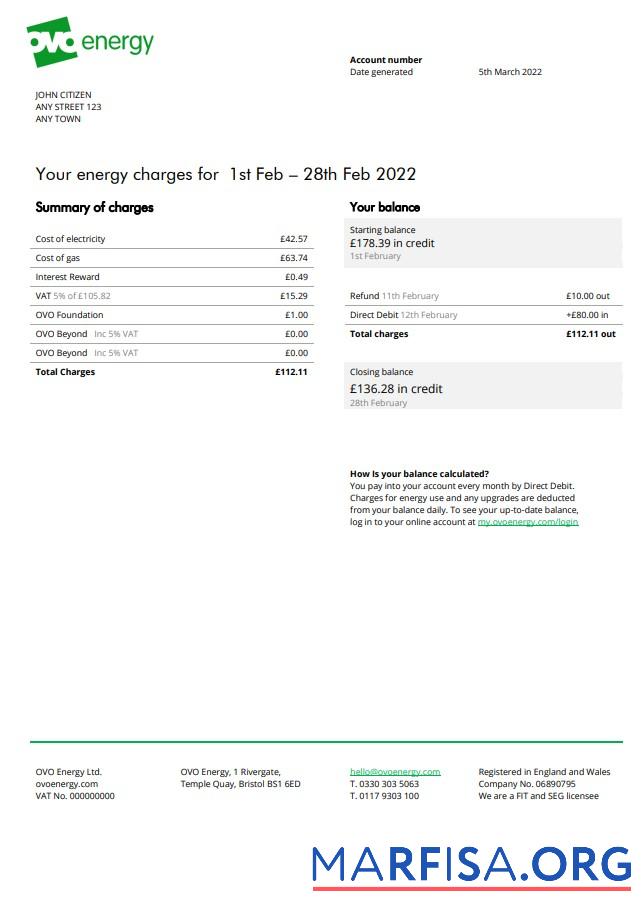 Downloadable United Kingdom Ovo Energy electricity bill, Word and PDF template